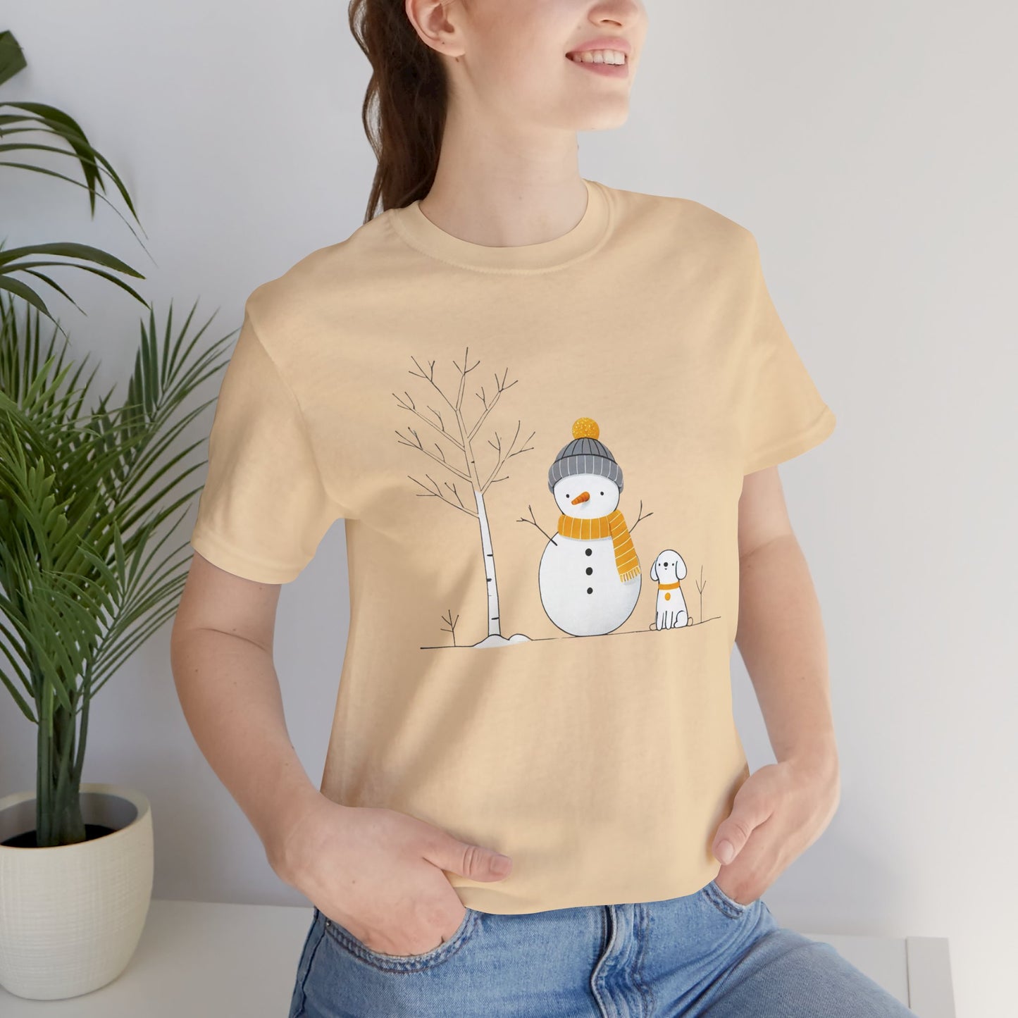 Snowman and dog winter scene Unisex Jersey Short Sleeve Tee - sizes S - 3X