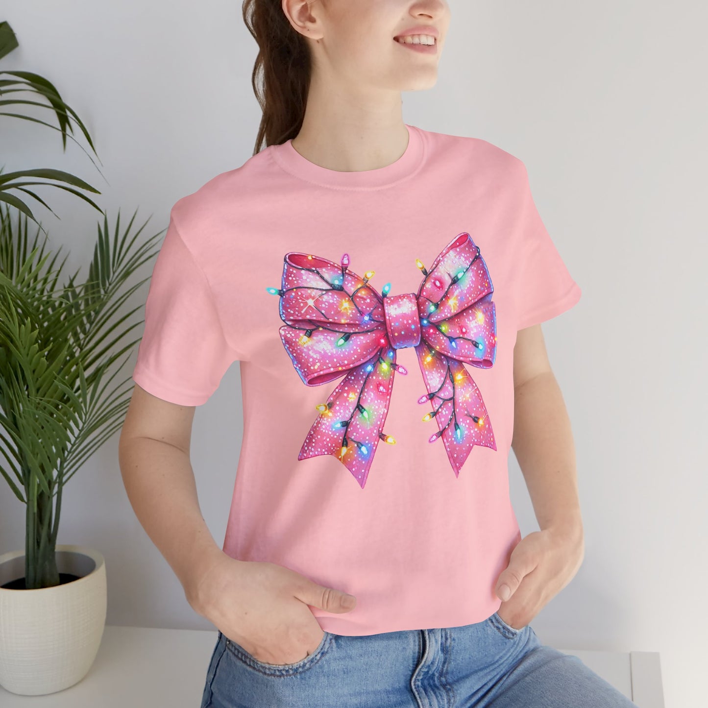 Pink Bow Christmas Tee - Festive Holiday Unisex Jersey T-shirt - sizes S - 3X