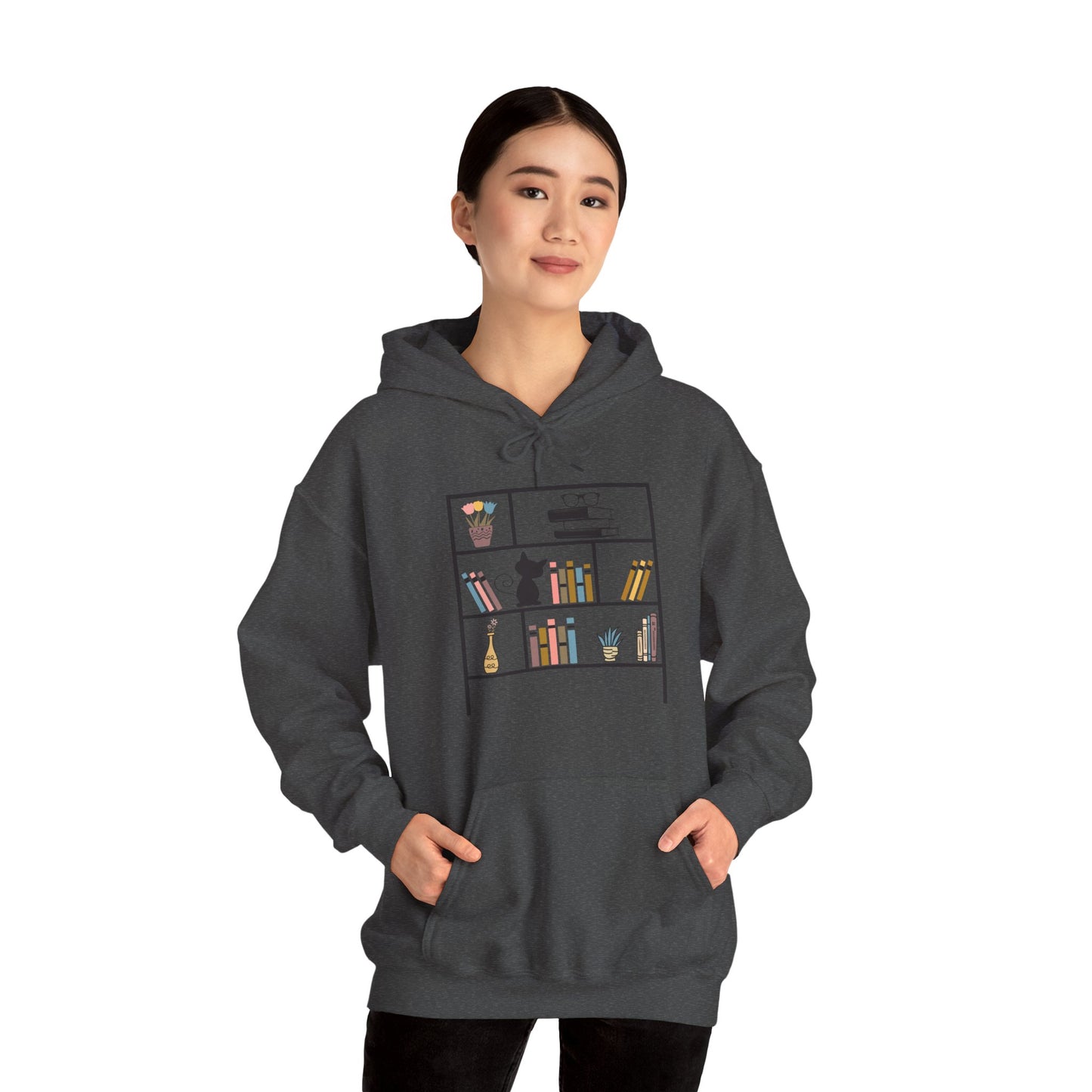 Unisex Heavy Blend™ Hooded Sweatshirt - cute bookshelf with cat - size S - 5X