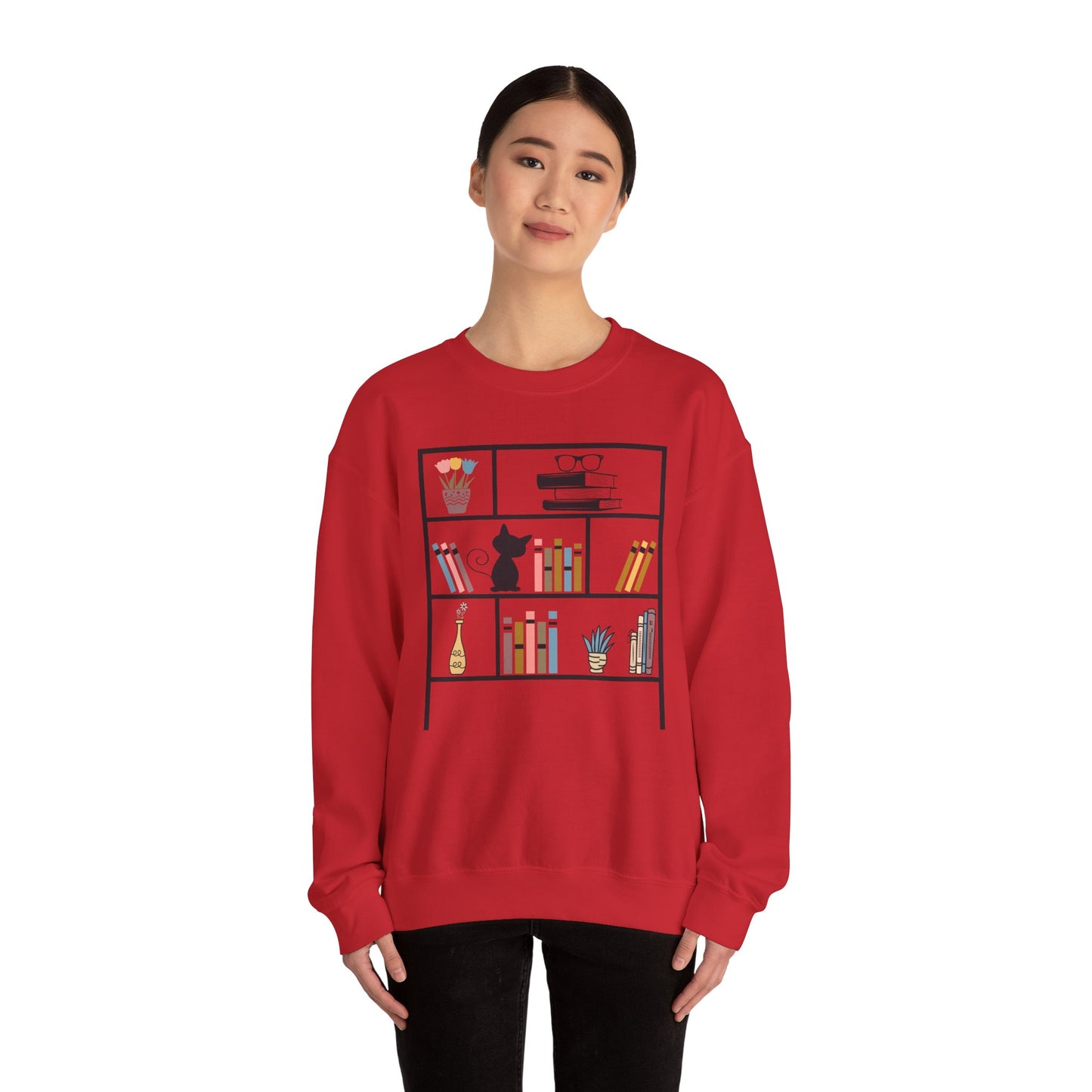 Unisex Heavy Blend™ Crewneck Sweatshirt - Cute bookshelf with cat - Sizes S - 5X