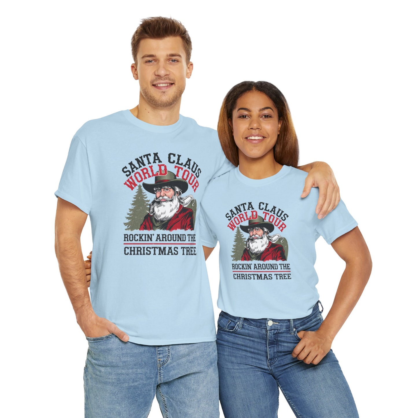 Cowboy Santa World Tour Unisex Heavy Cotton T-shirt - Christmas Funny Country Graphic Holiday Tee - sizes S - 5X