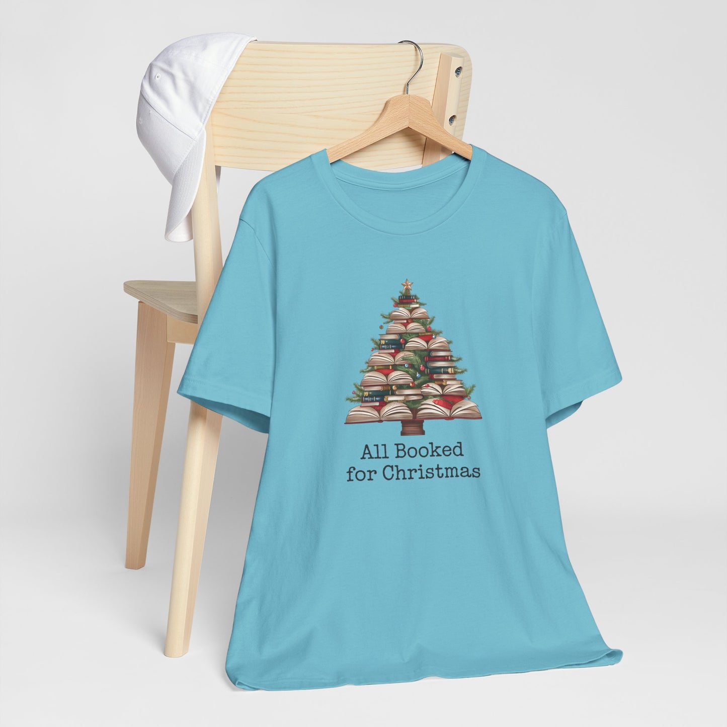 All Booked for Christmas, Book Christmas tree, Unisex Jersey Short Sleeve T-shirt - sizes S = 3X