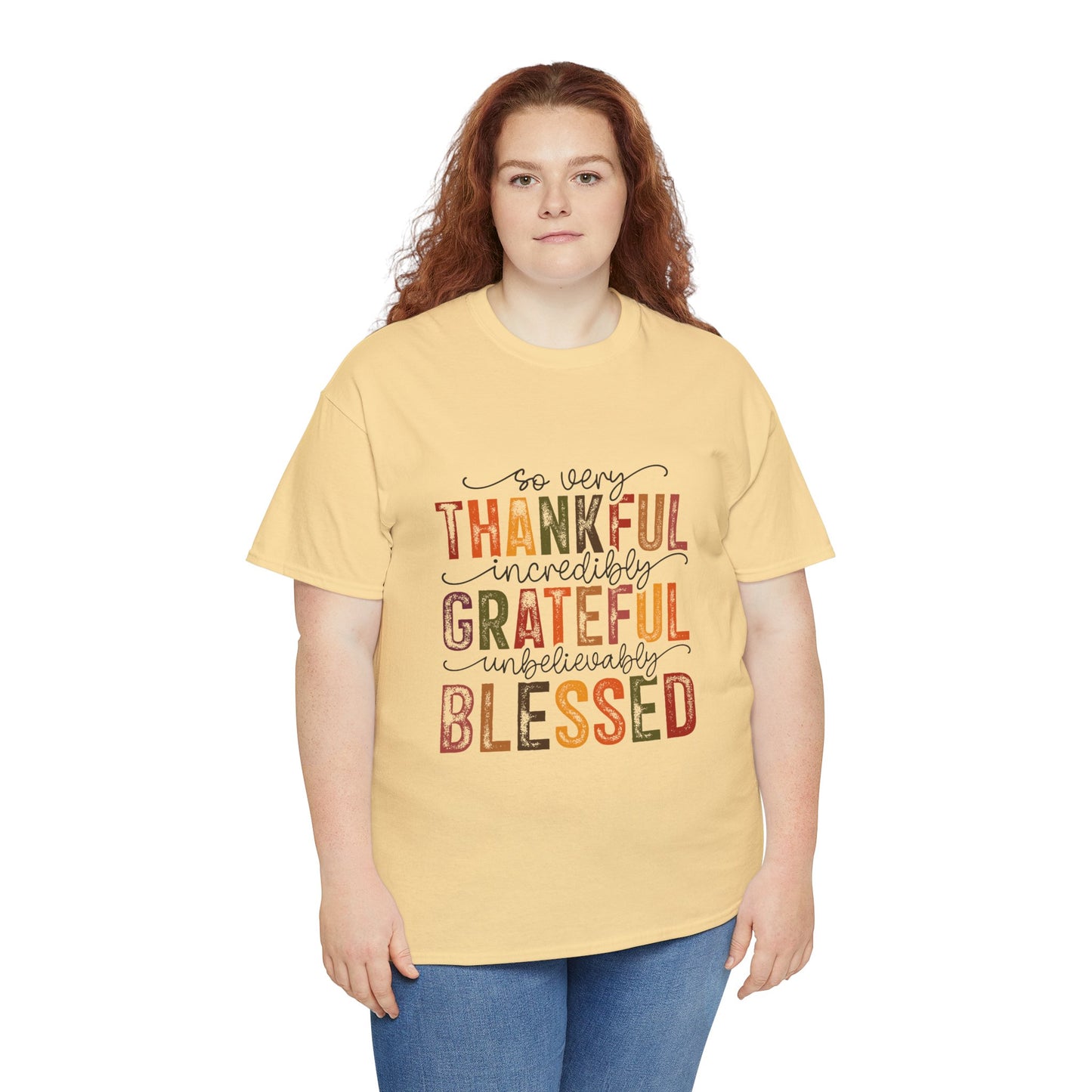 Thankful Grateful Blessed Unisex Heavy Cotton Tee - Thanksgiving Distressed Graphic T-Shirt