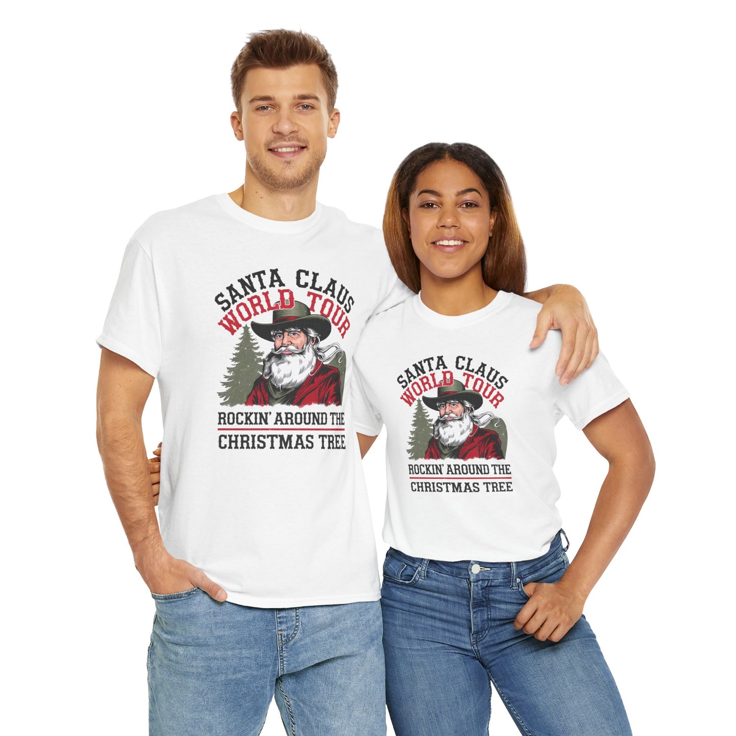 Cowboy Santa World Tour Unisex Heavy Cotton T-shirt - Christmas Funny Country Graphic Holiday Tee - sizes S - 5X