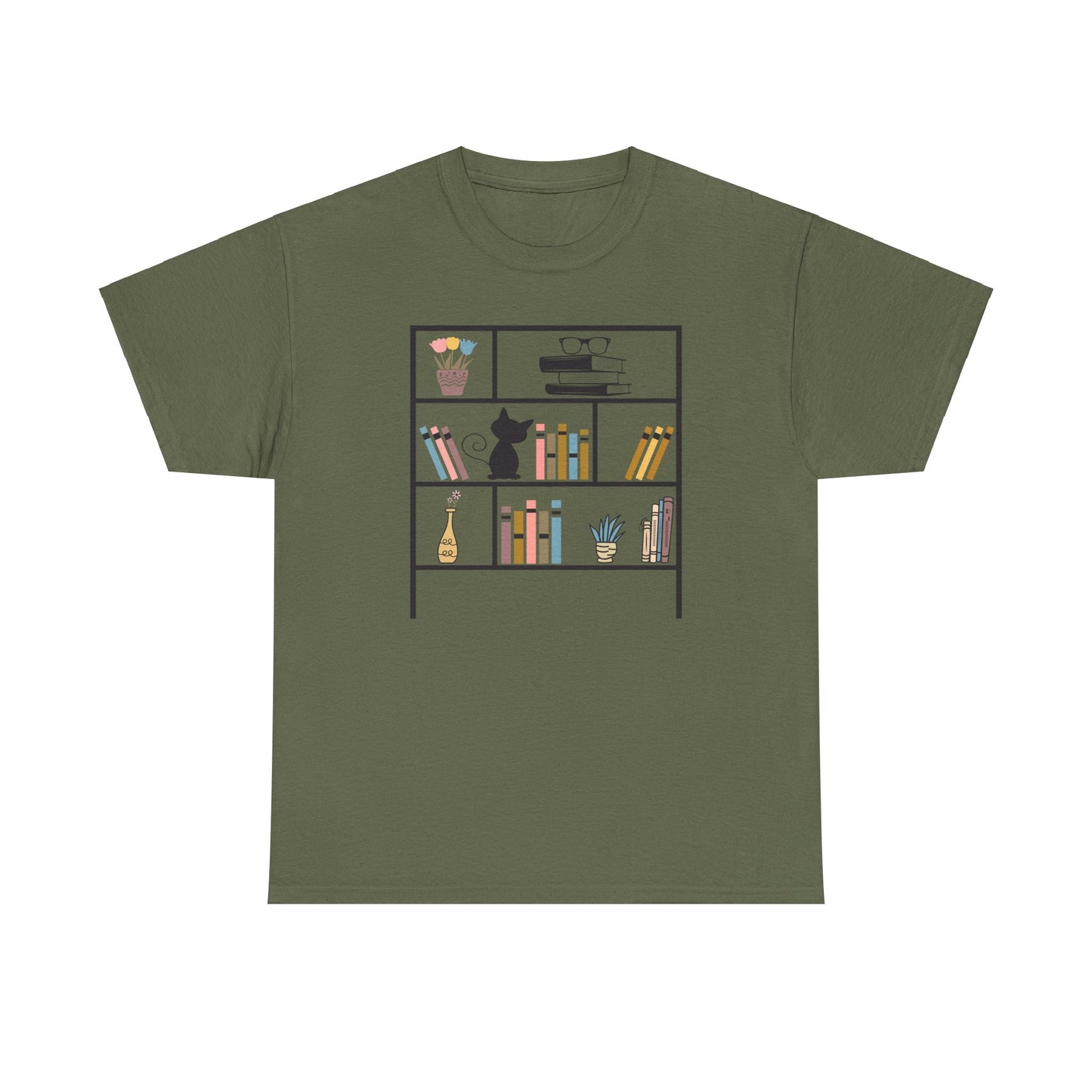 Unisex Heavy Cotton Tee - Bookshelf for books and cat