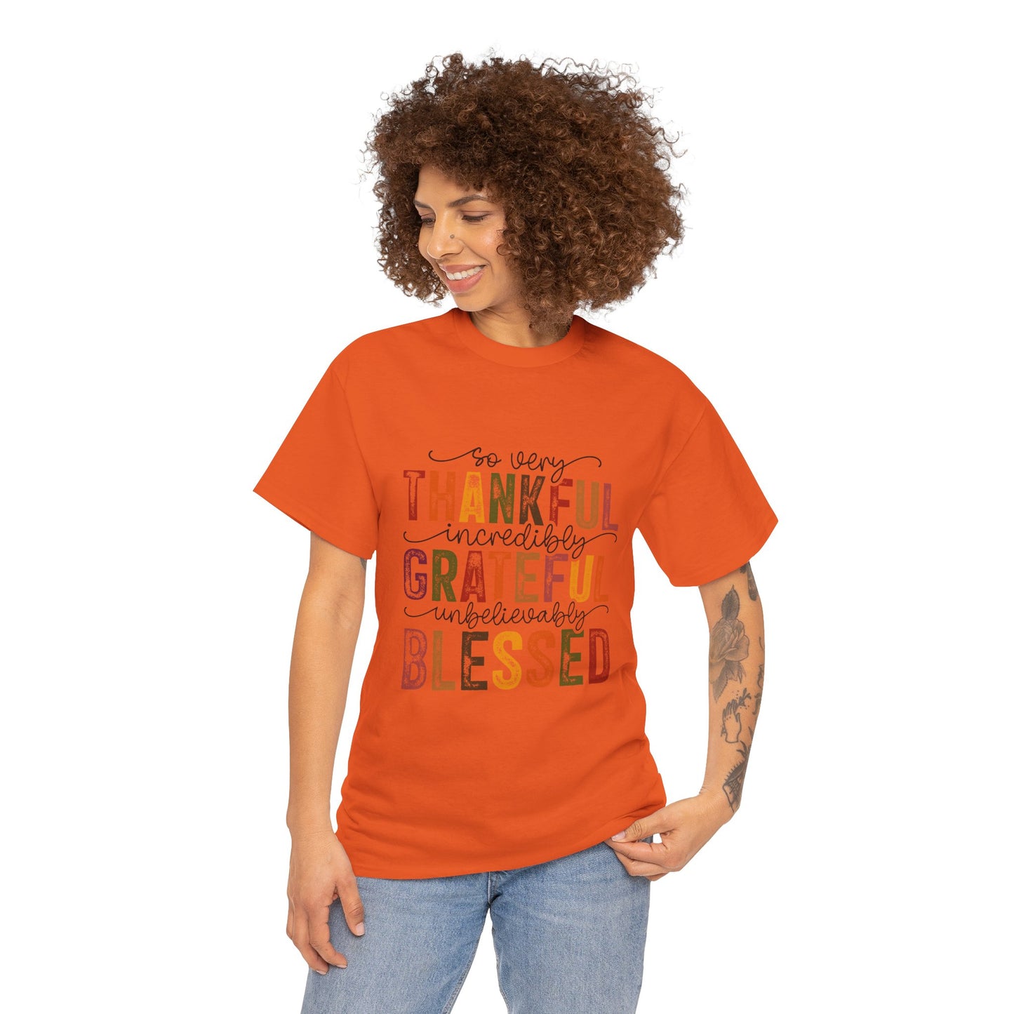 Thankful Grateful Blessed Unisex Heavy Cotton Tee - Thanksgiving Distressed Graphic T-Shirt