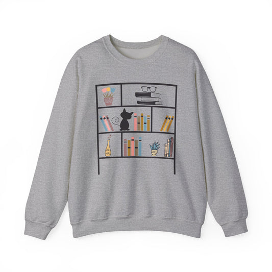 Unisex Heavy Blend™ Crewneck Sweatshirt - Cute bookshelf with cat - Sizes S - 5X