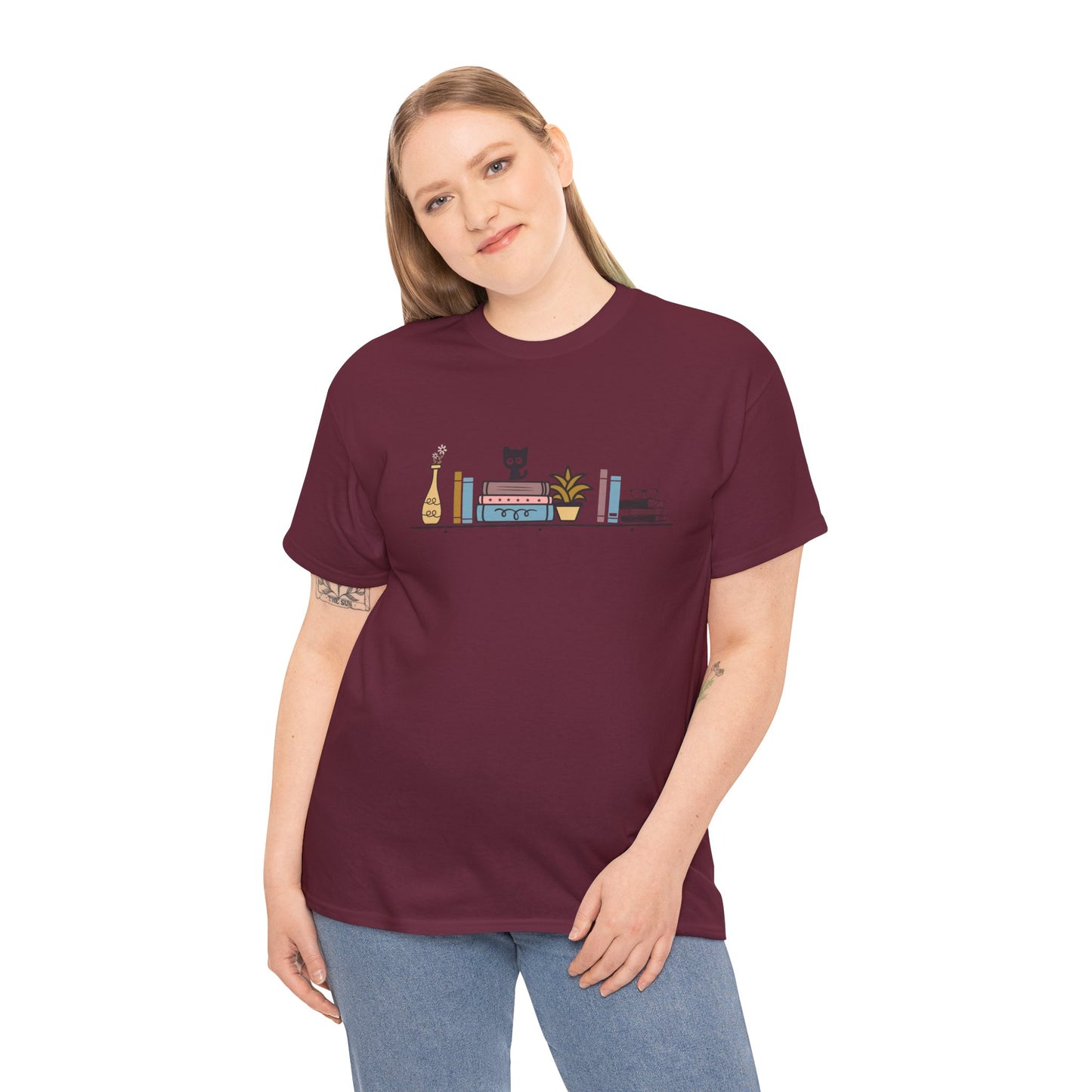 Unisex Heavy Cotton Tee - Cute cat and books on a shelf - sizes S - 5X