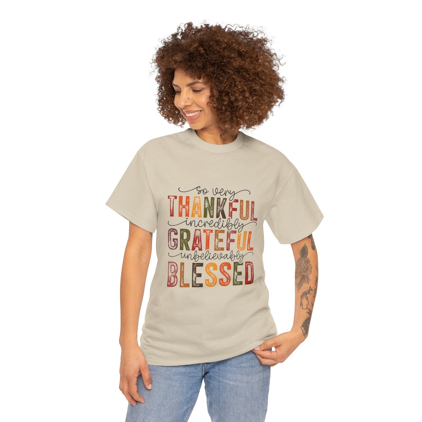 Thankful Grateful Blessed Unisex Heavy Cotton Tee - Thanksgiving Distressed Graphic T-Shirt