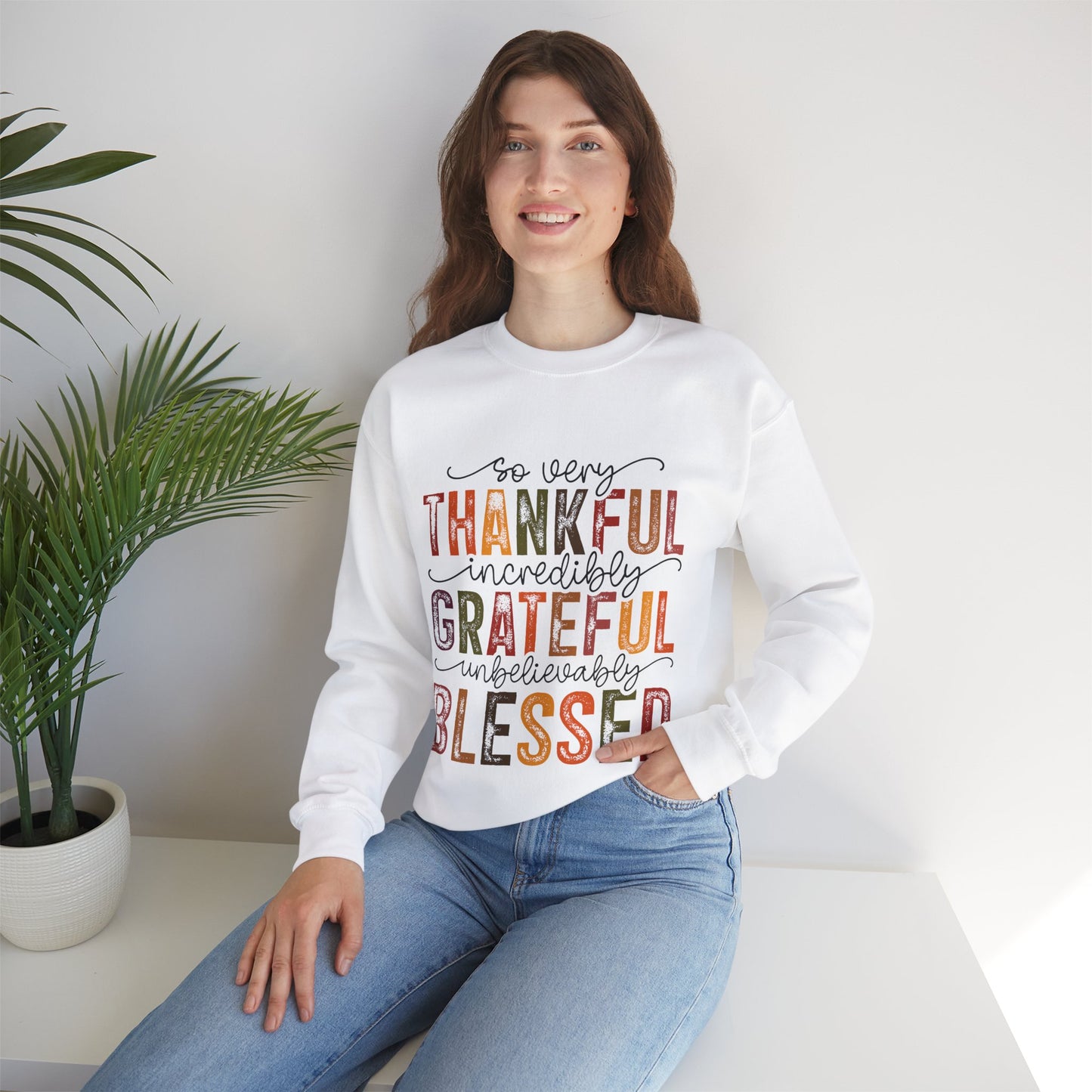 Thankful Grateful Blessed Unisex Heavy Blend Crewneck Sweatshirt - Thanksgiving Warm Cozy