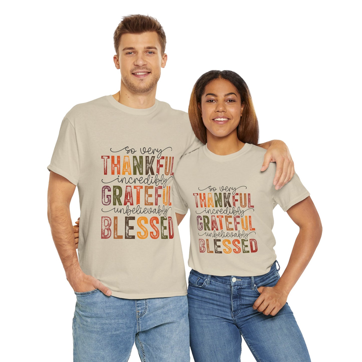 Thankful Grateful Blessed Unisex Heavy Cotton Tee - Thanksgiving Distressed Graphic T-Shirt