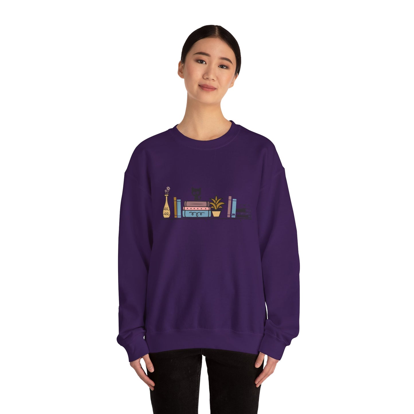 Unisex Heavy Blend™ Crewneck Sweatshirt - cute cat with books on bookshelf - sizes S - 3X