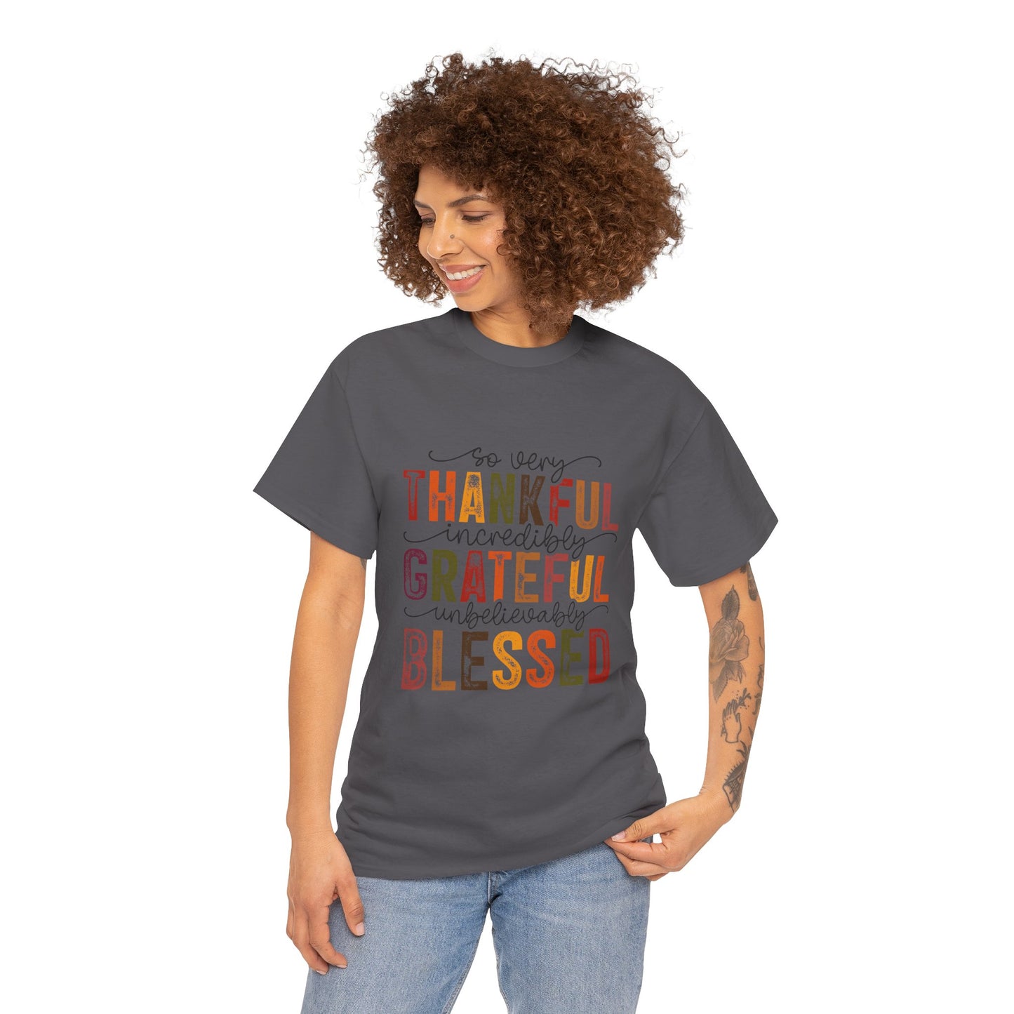 Thankful Grateful Blessed Unisex Heavy Cotton Tee - Thanksgiving Distressed Graphic T-Shirt