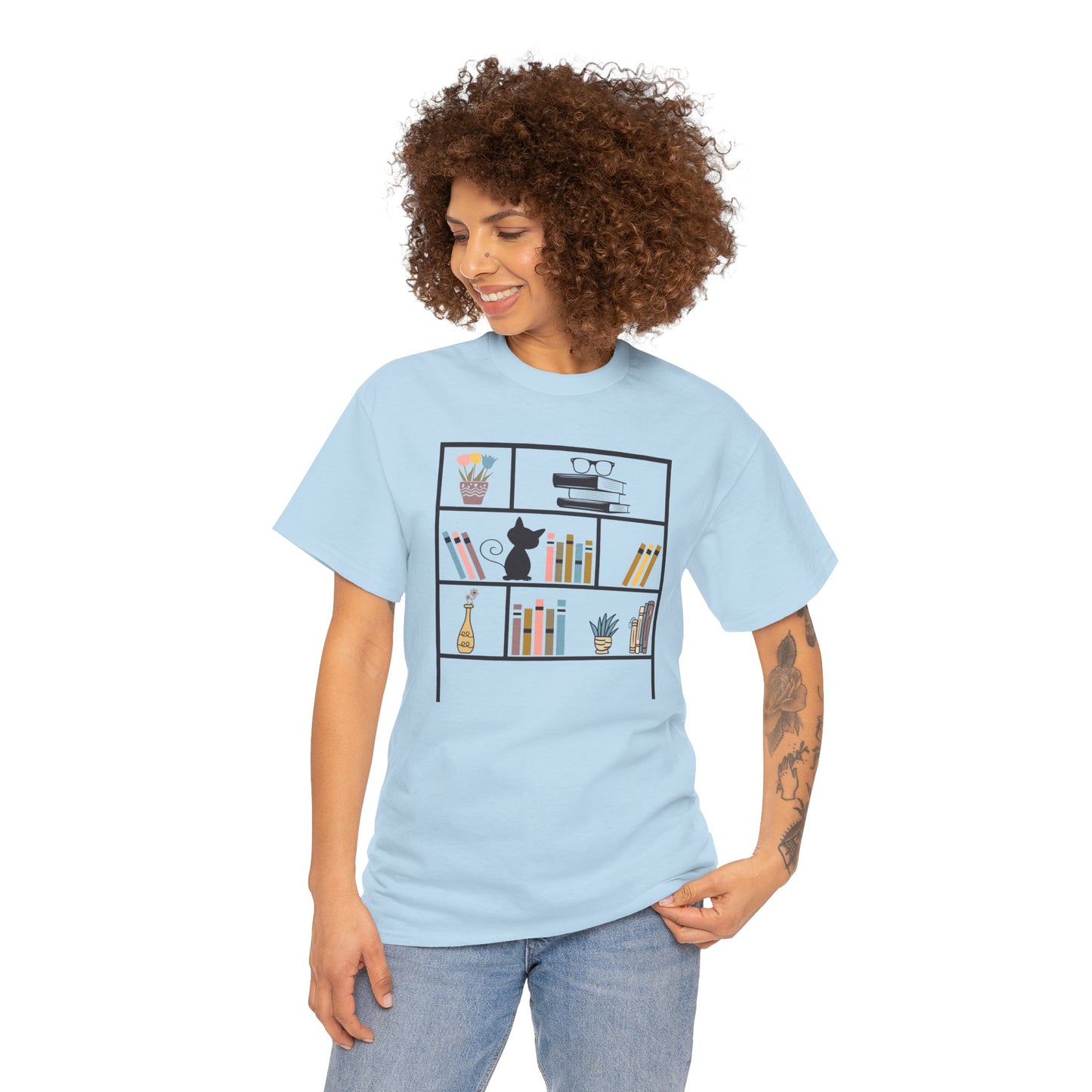 Unisex Heavy Cotton Tee - Bookshelf for books and cat