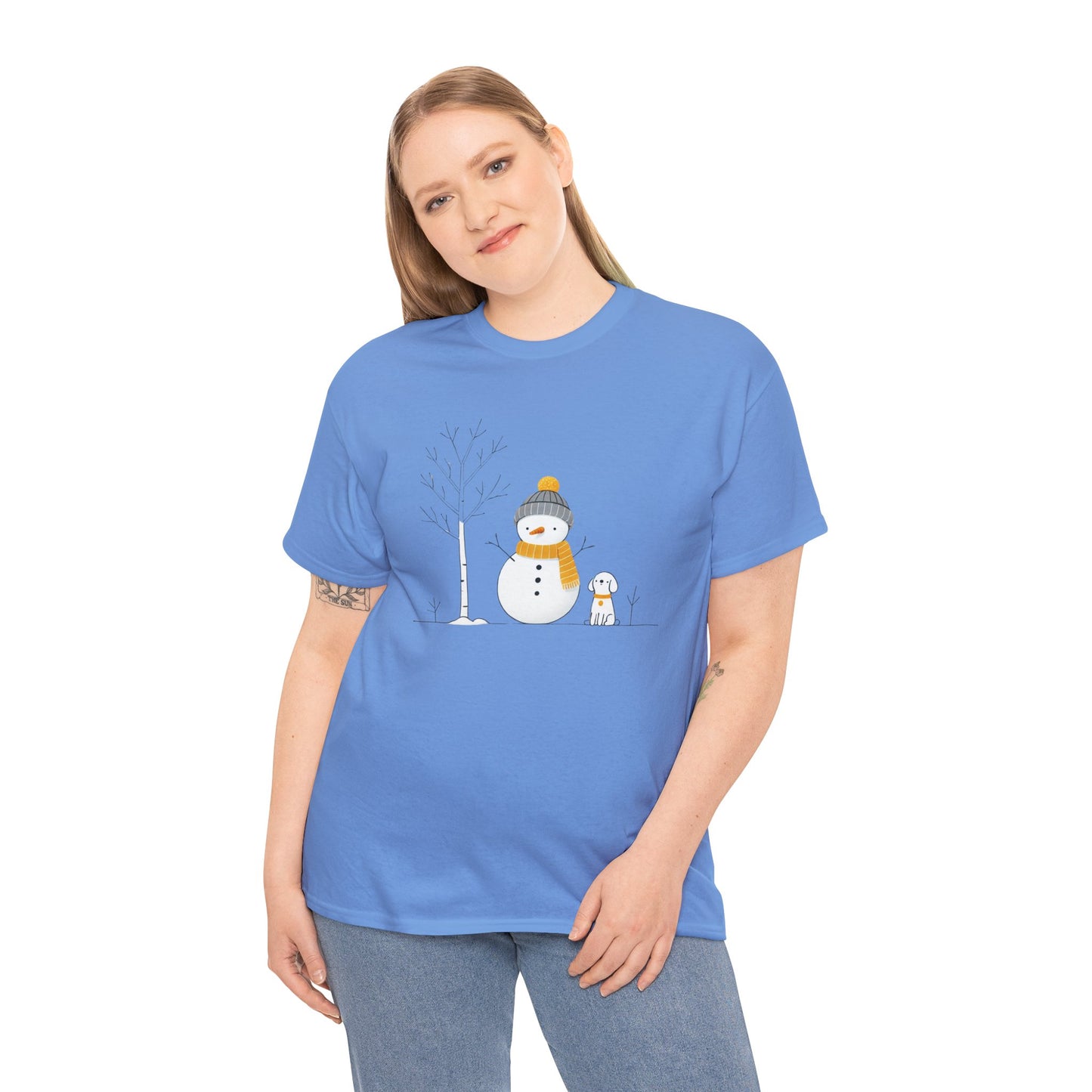 Snowman and dog Winter scene Unisex Heavy Cotton Tee - S - 3X