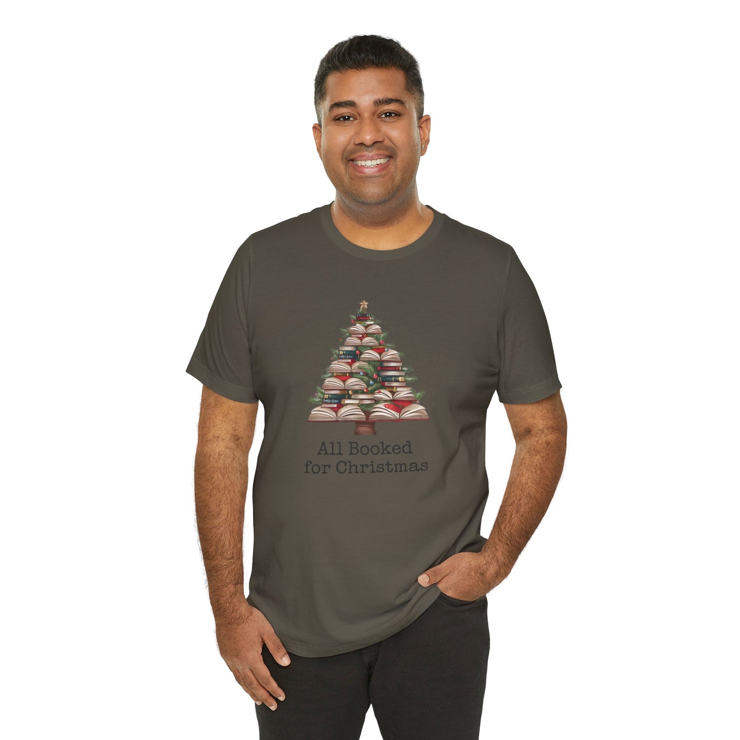 All Booked for Christmas, Book Christmas tree, Unisex Jersey Short Sleeve T-shirt - sizes S = 3X