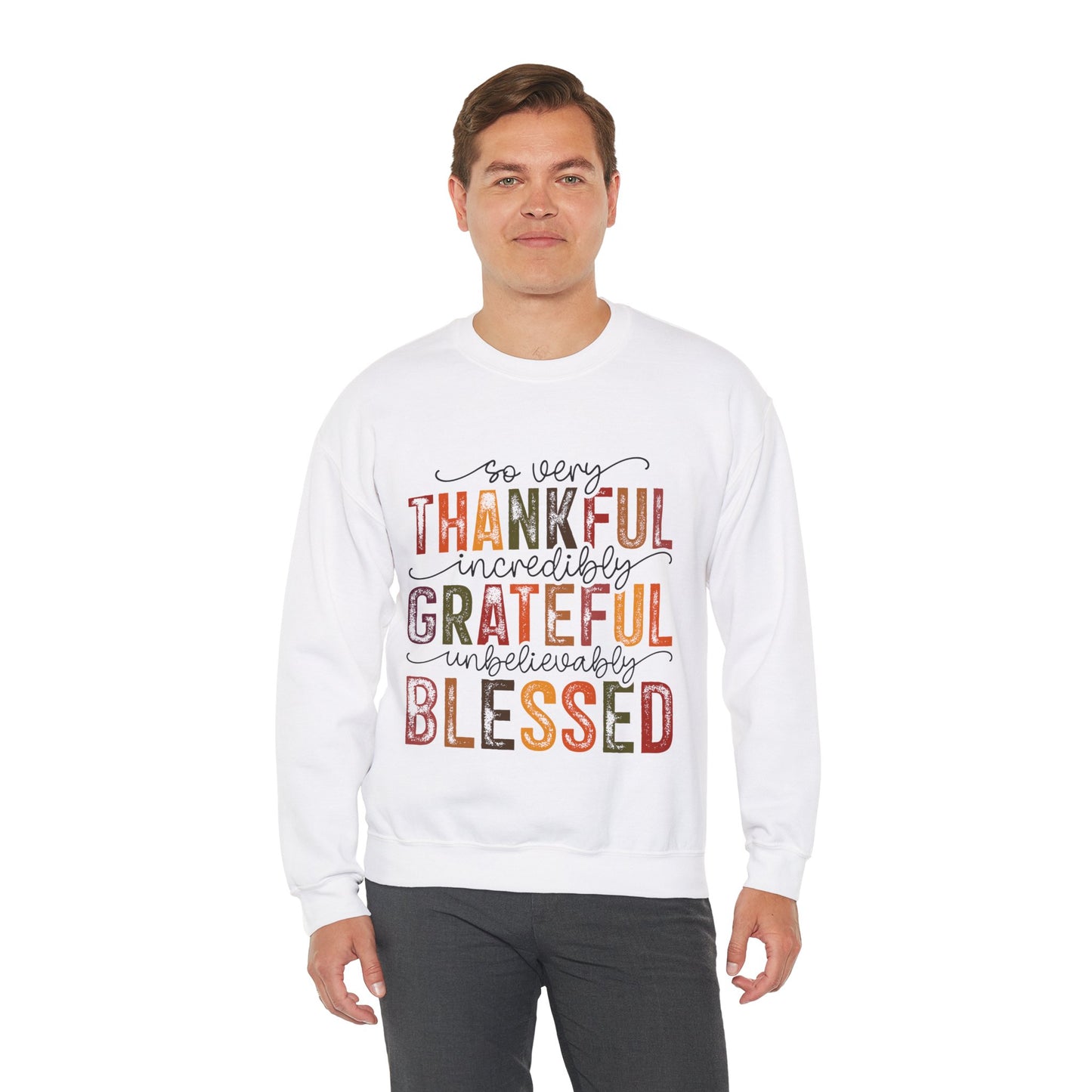 Thankful Grateful Blessed Unisex Heavy Blend Crewneck Sweatshirt - Thanksgiving Warm Cozy