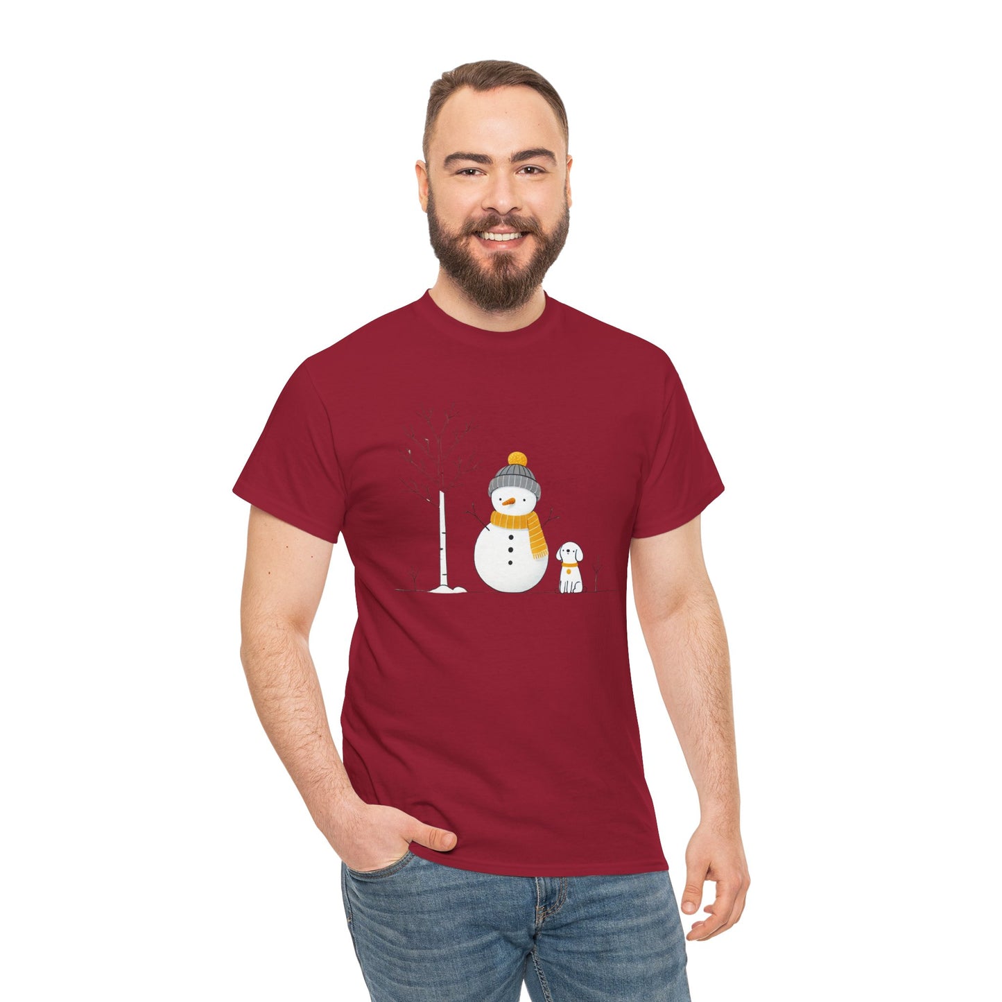 Snowman and dog Winter scene Unisex Heavy Cotton Tee - S - 3X