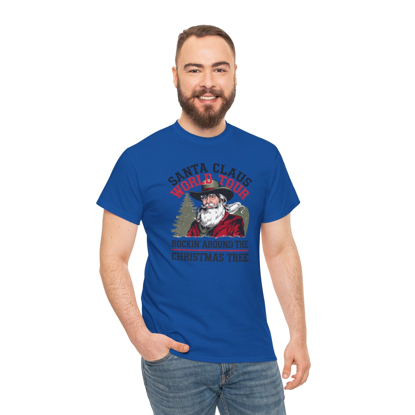 Cowboy Santa World Tour Unisex Heavy Cotton T-shirt - Christmas Funny Country Graphic Holiday Tee - sizes S - 5X