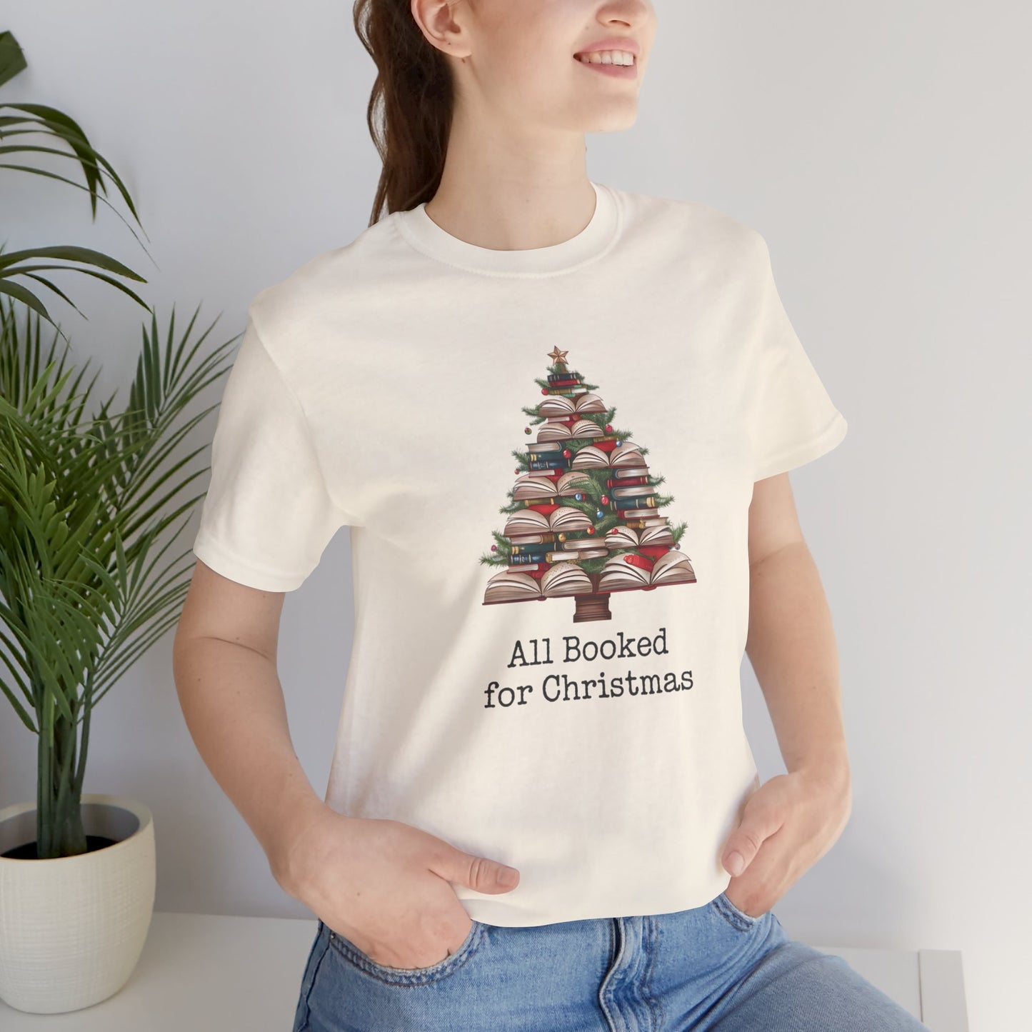 All Booked for Christmas, Book Christmas tree, Unisex Jersey Short Sleeve T-shirt - sizes S = 3X