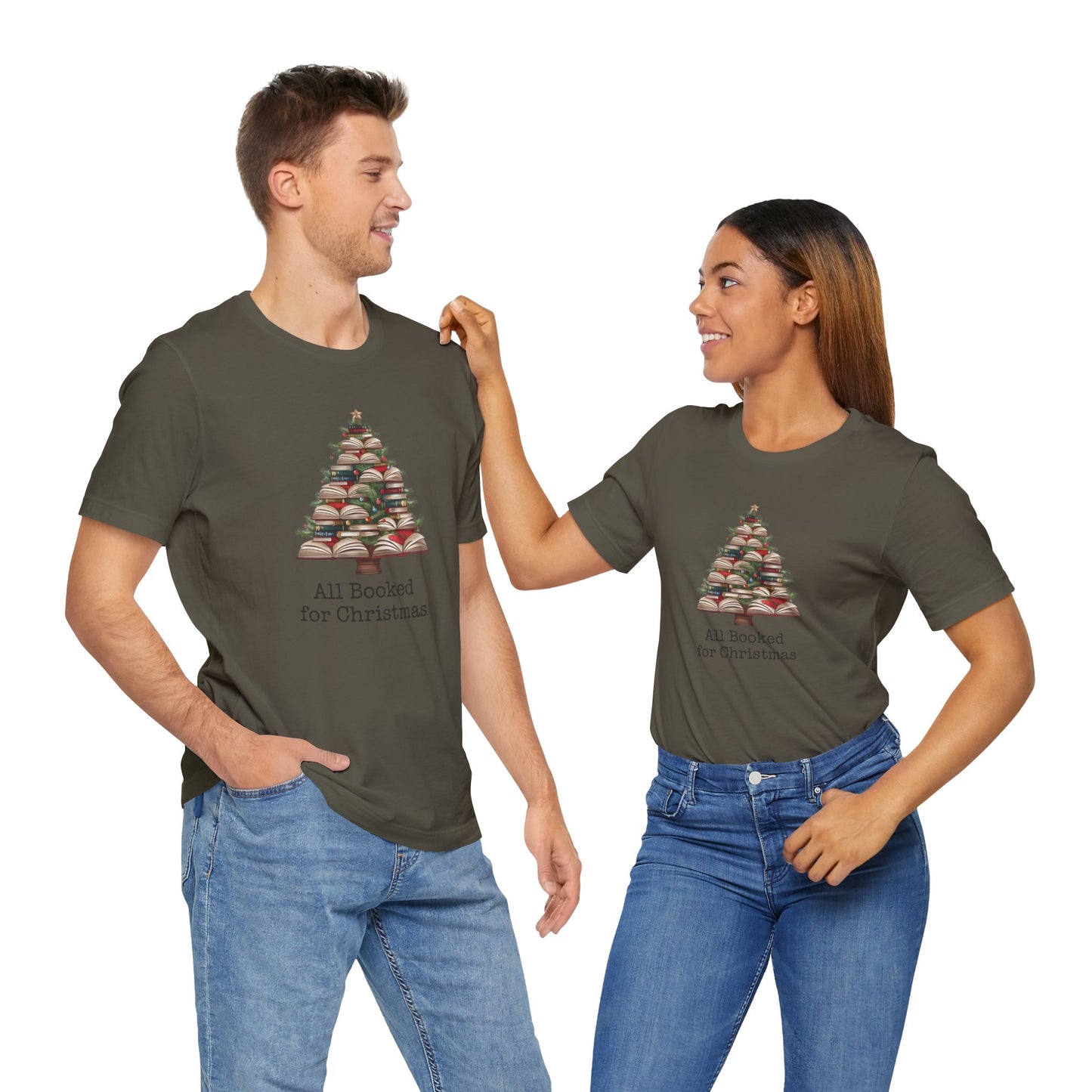 All Booked for Christmas, Book Christmas tree, Unisex Jersey Short Sleeve T-shirt - sizes S = 3X