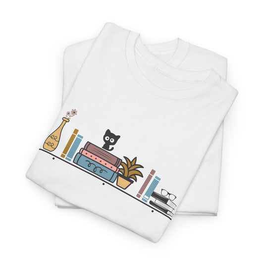 Unisex Heavy Cotton Tee - Cute cat and books on a shelf - sizes S - 5X