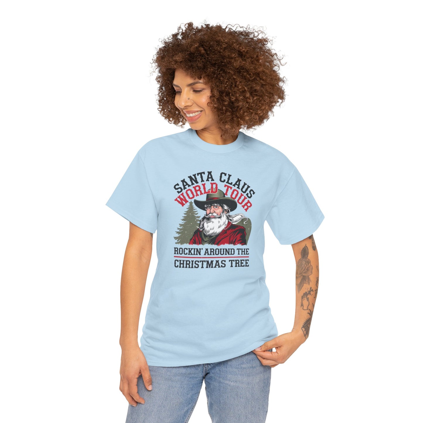 Cowboy Santa World Tour Unisex Heavy Cotton T-shirt - Christmas Funny Country Graphic Holiday Tee - sizes S - 5X