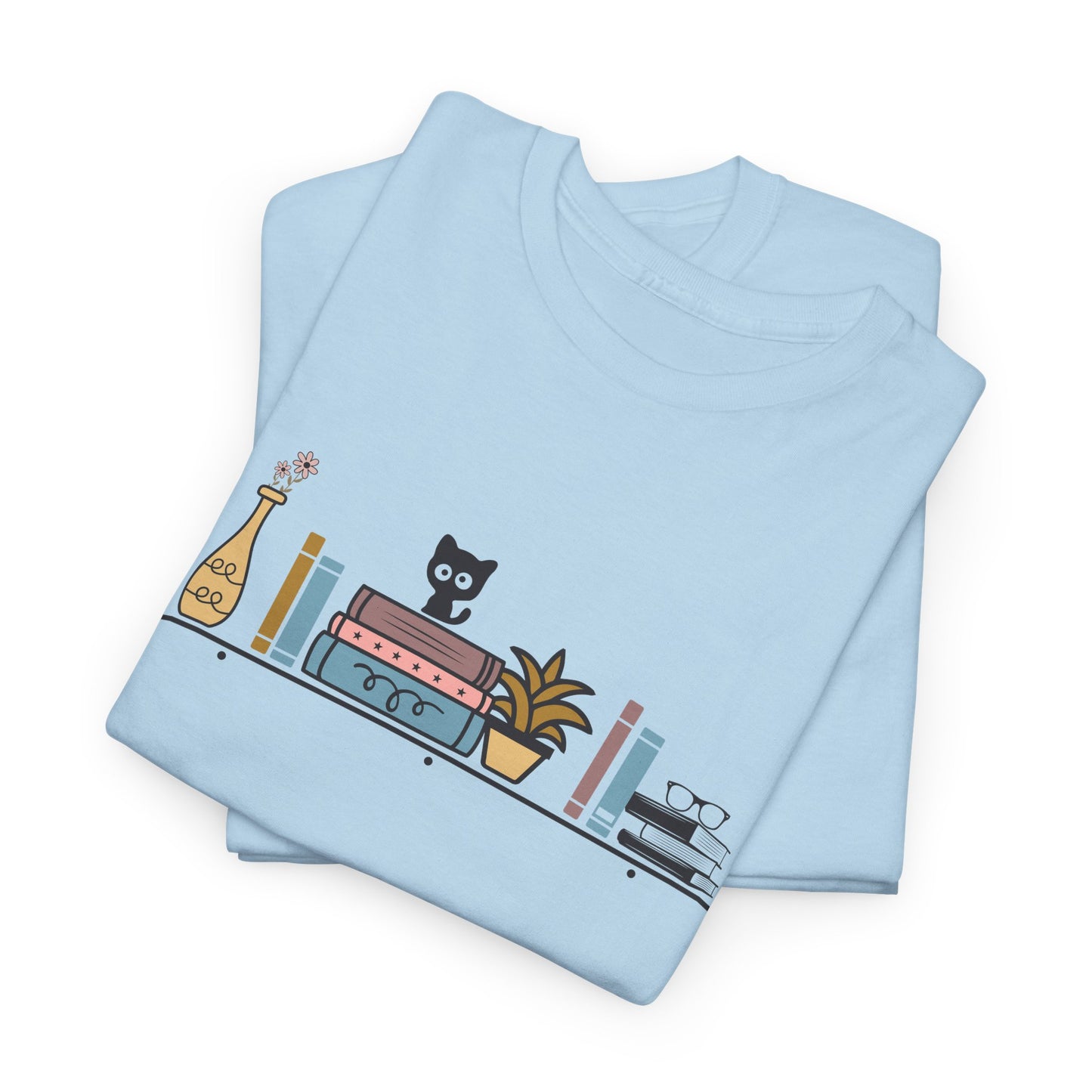 Unisex Heavy Cotton Tee - Cute cat and books on a shelf - sizes S - 5X