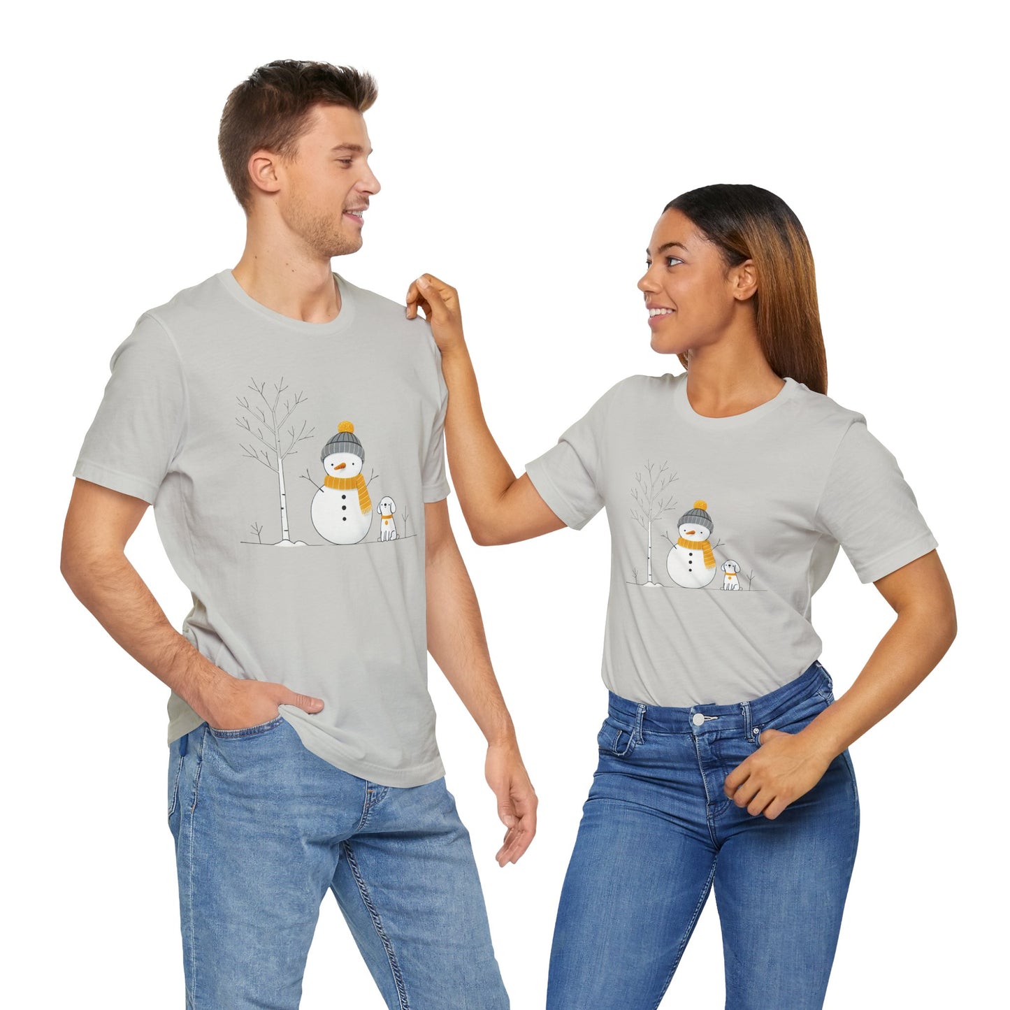 Snowman and dog winter scene Unisex Jersey Short Sleeve Tee - sizes S - 3X