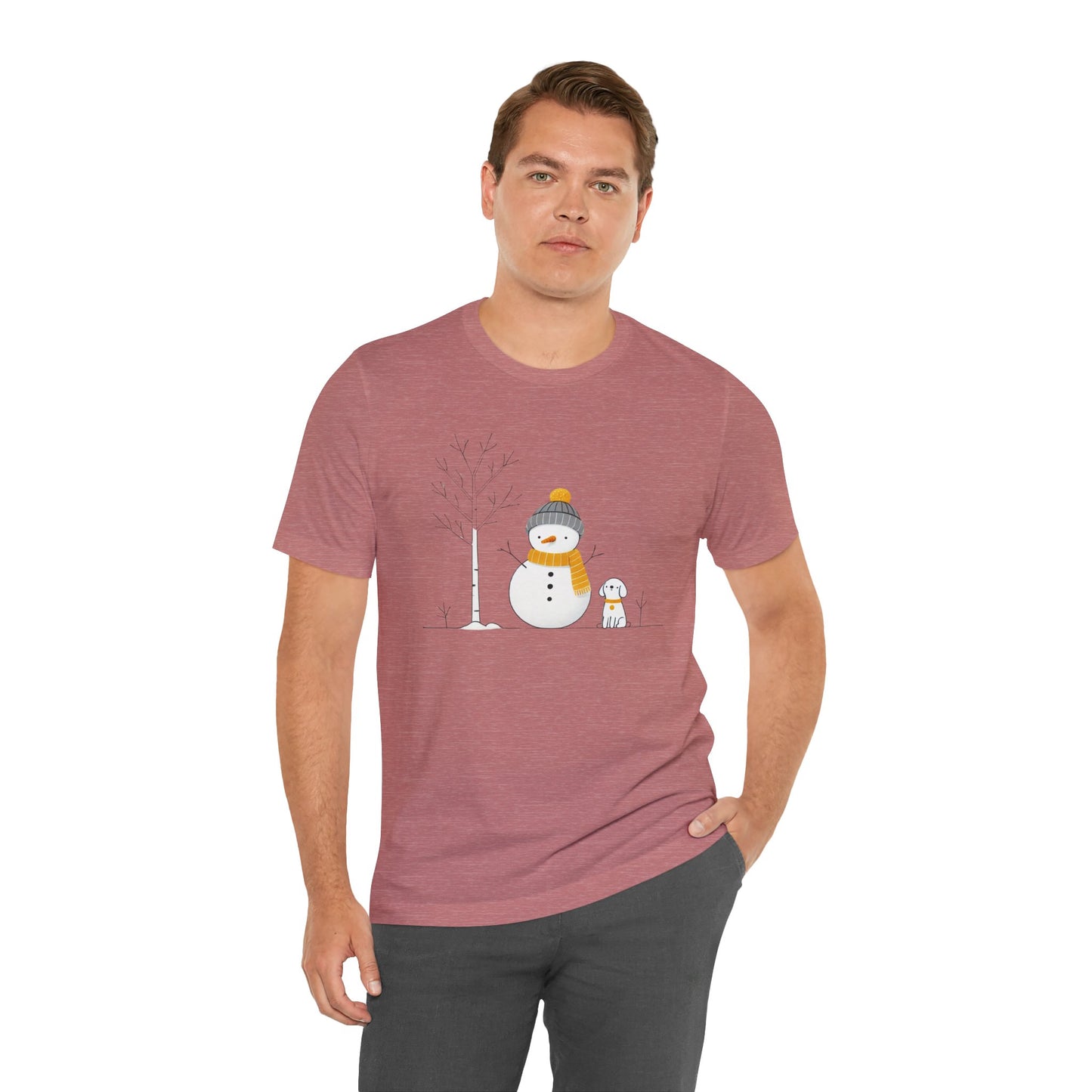 Snowman and dog winter scene Unisex Jersey Short Sleeve Tee - sizes S - 3X