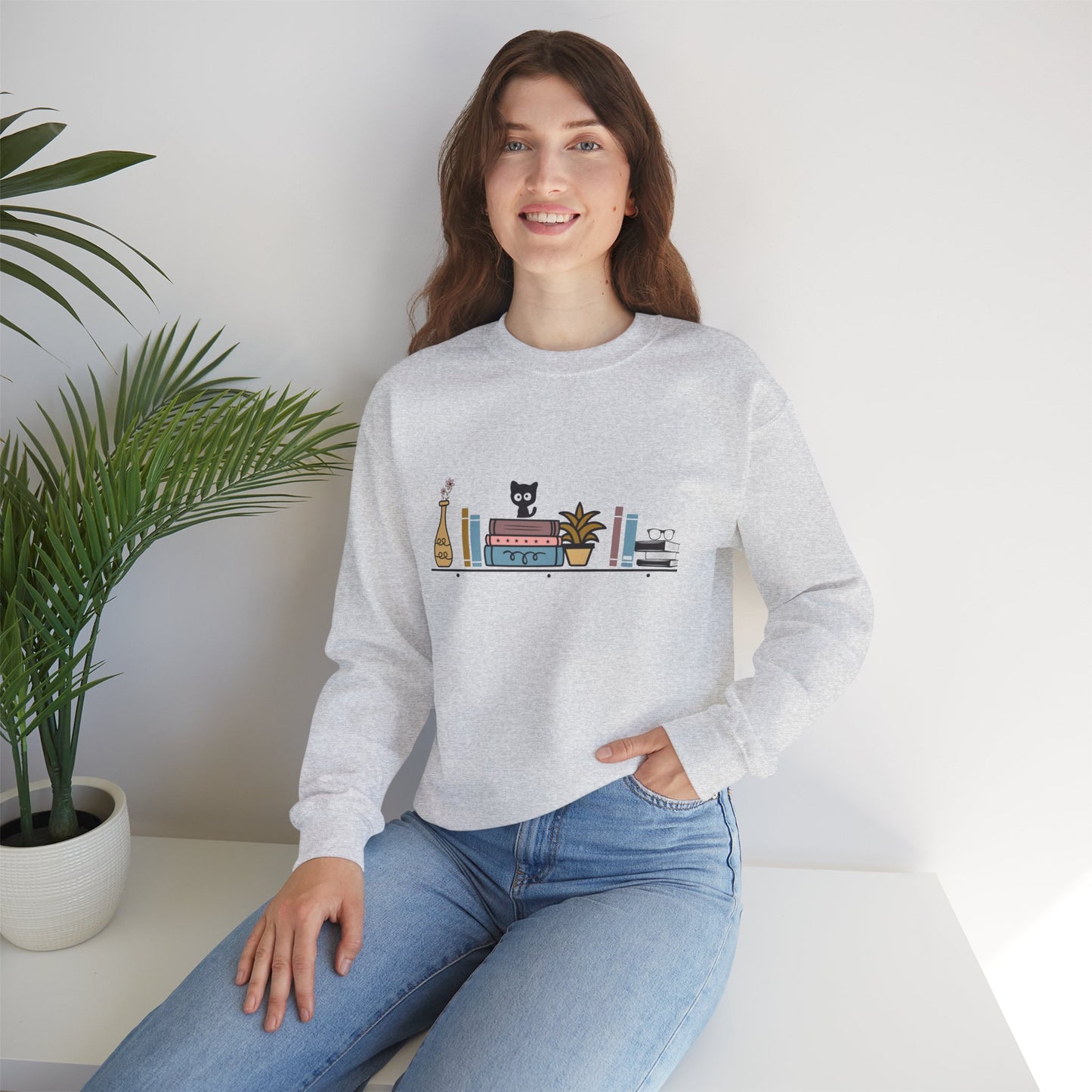 Unisex Heavy Blend™ Crewneck Sweatshirt - cute cat with books on bookshelf - sizes S - 3X