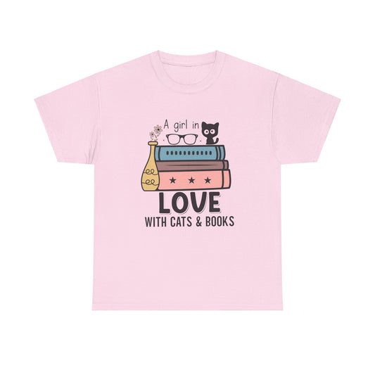 A Girl in Love with Cats and Books Unisex Heavy Cotton Tee