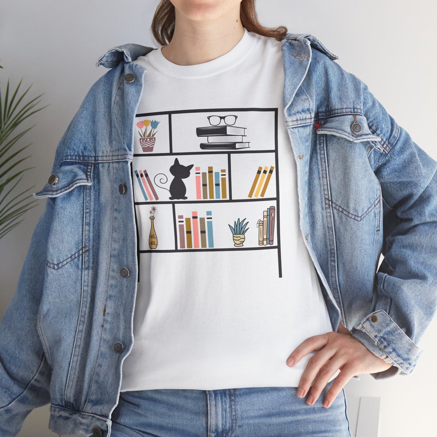 Unisex Heavy Cotton Tee - Bookshelf for books and cat