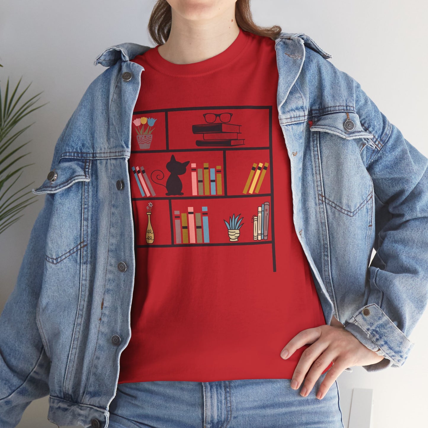 Unisex Heavy Cotton Tee - Bookshelf for books and cat