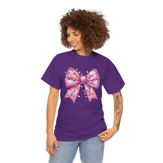 Pink Christmas Bow with lights Unisex Heavy Cotton Tee - sizes S - 5X