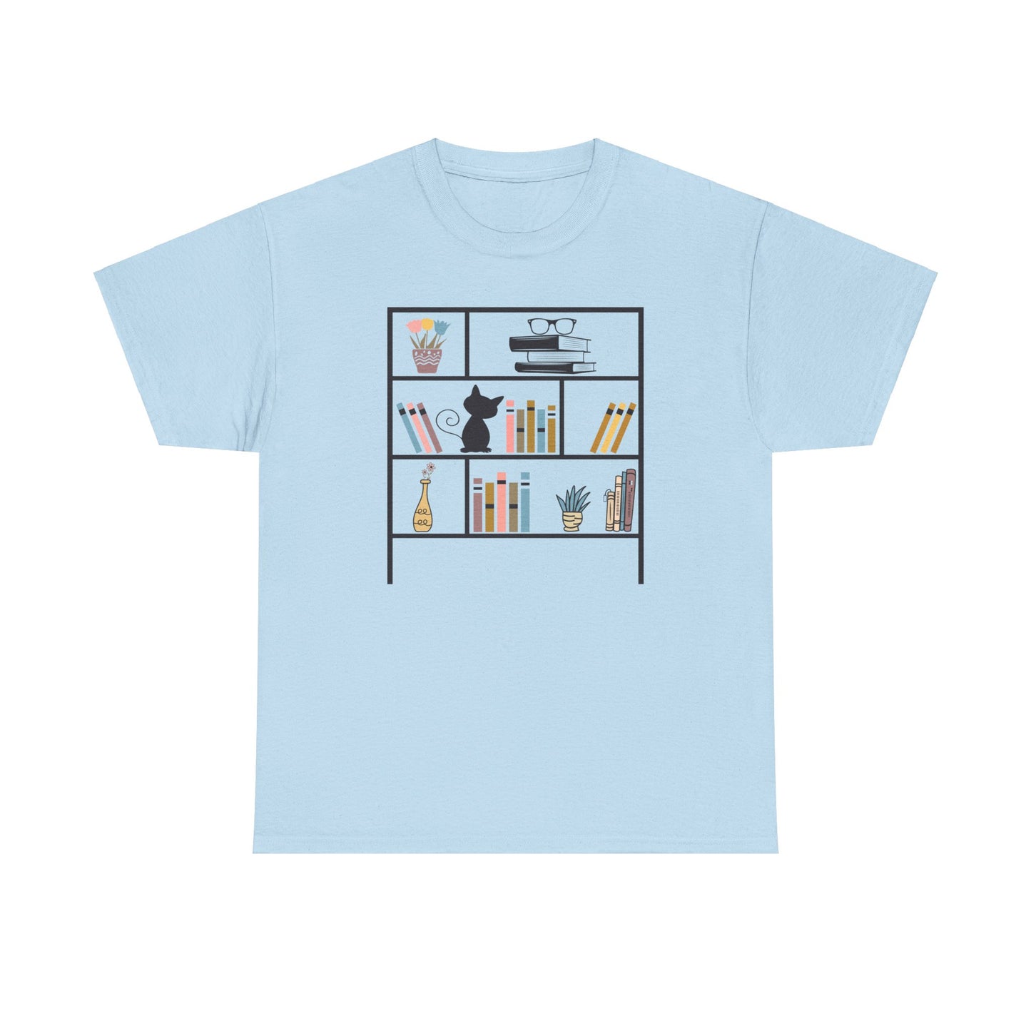 Unisex Heavy Cotton Tee - Bookshelf for books and cat