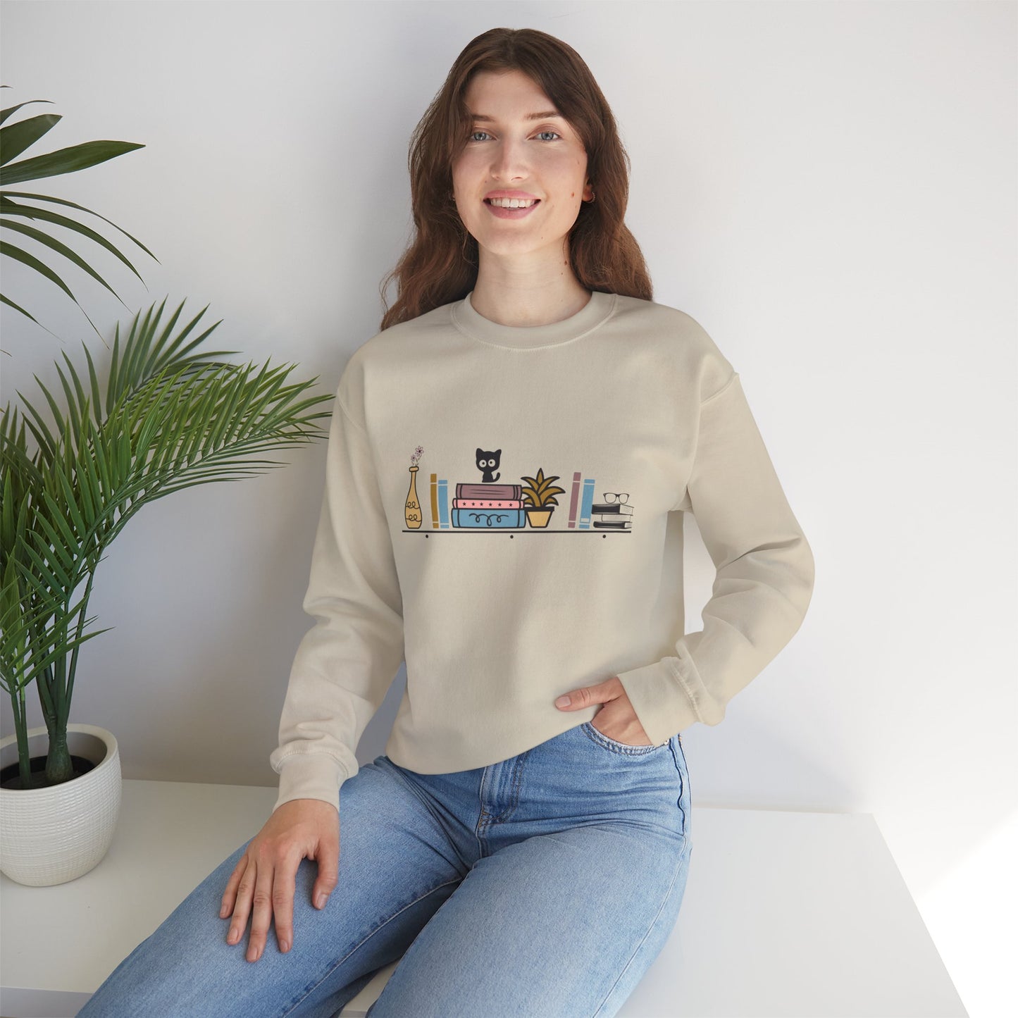 Unisex Heavy Blend™ Crewneck Sweatshirt - cute cat with books on bookshelf - sizes S - 3X