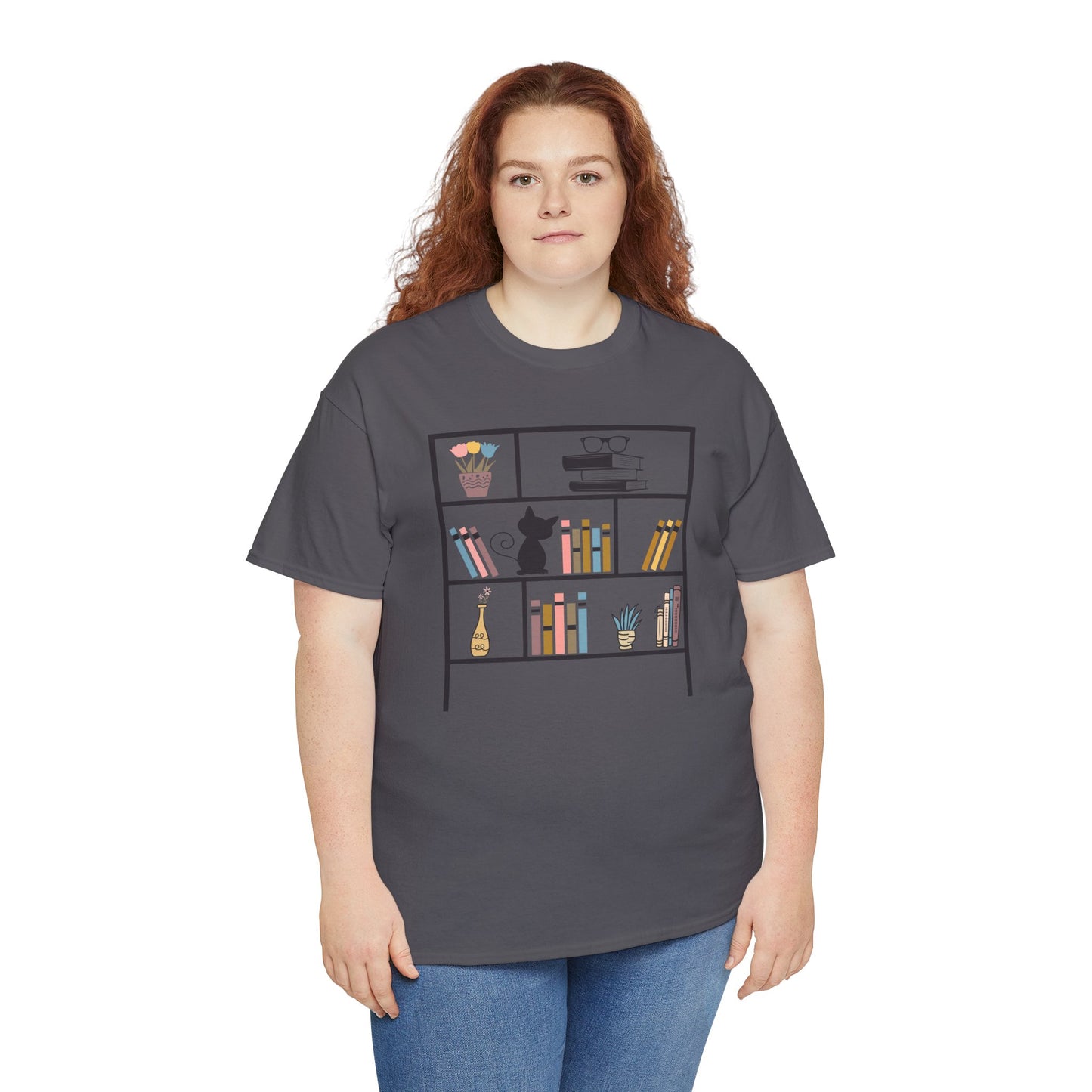 Unisex Heavy Cotton Tee - Bookshelf for books and cat