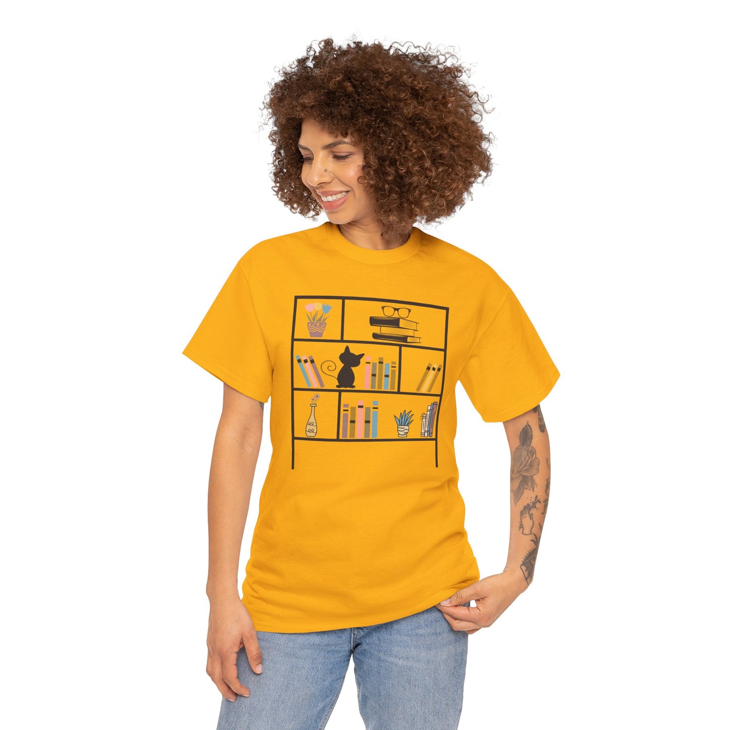 Unisex Heavy Cotton Tee - Bookshelf for books and cat