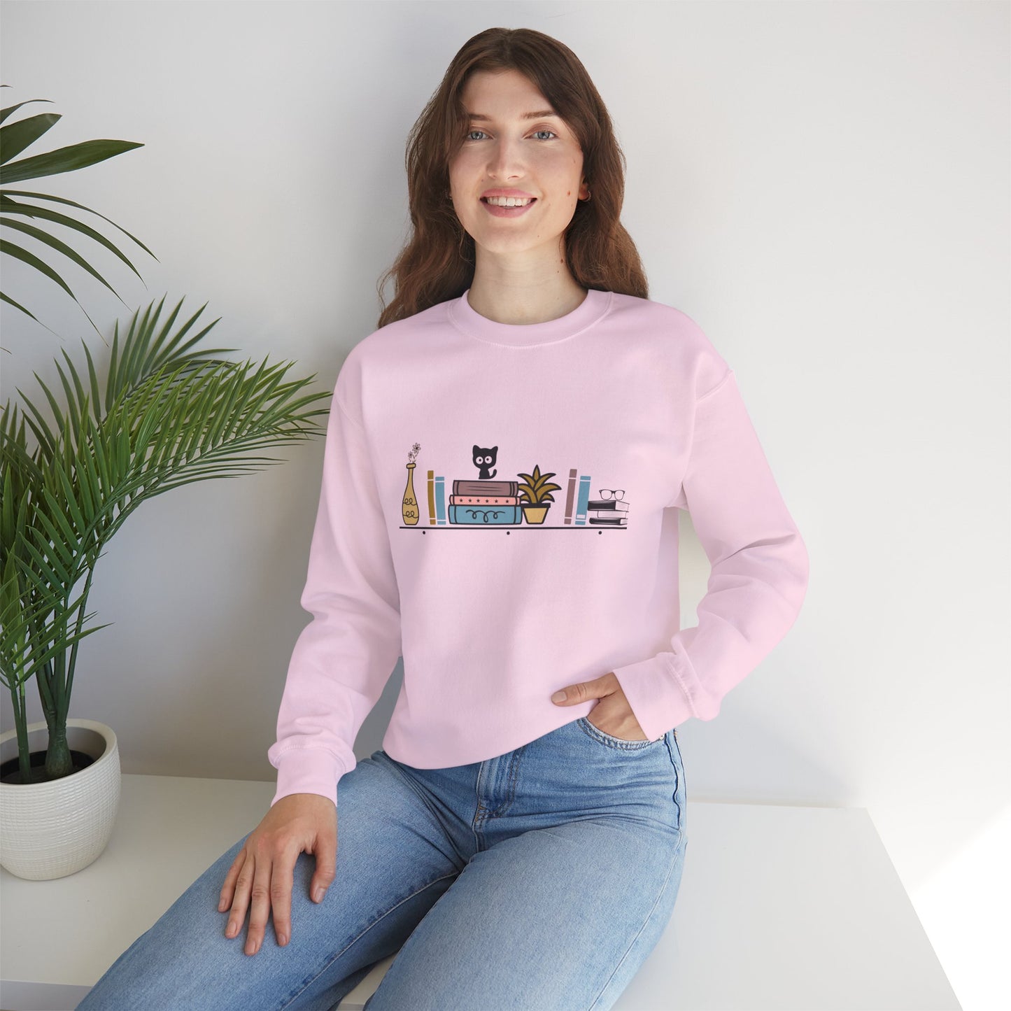 Unisex Heavy Blend™ Crewneck Sweatshirt - cute cat with books on bookshelf - sizes S - 3X