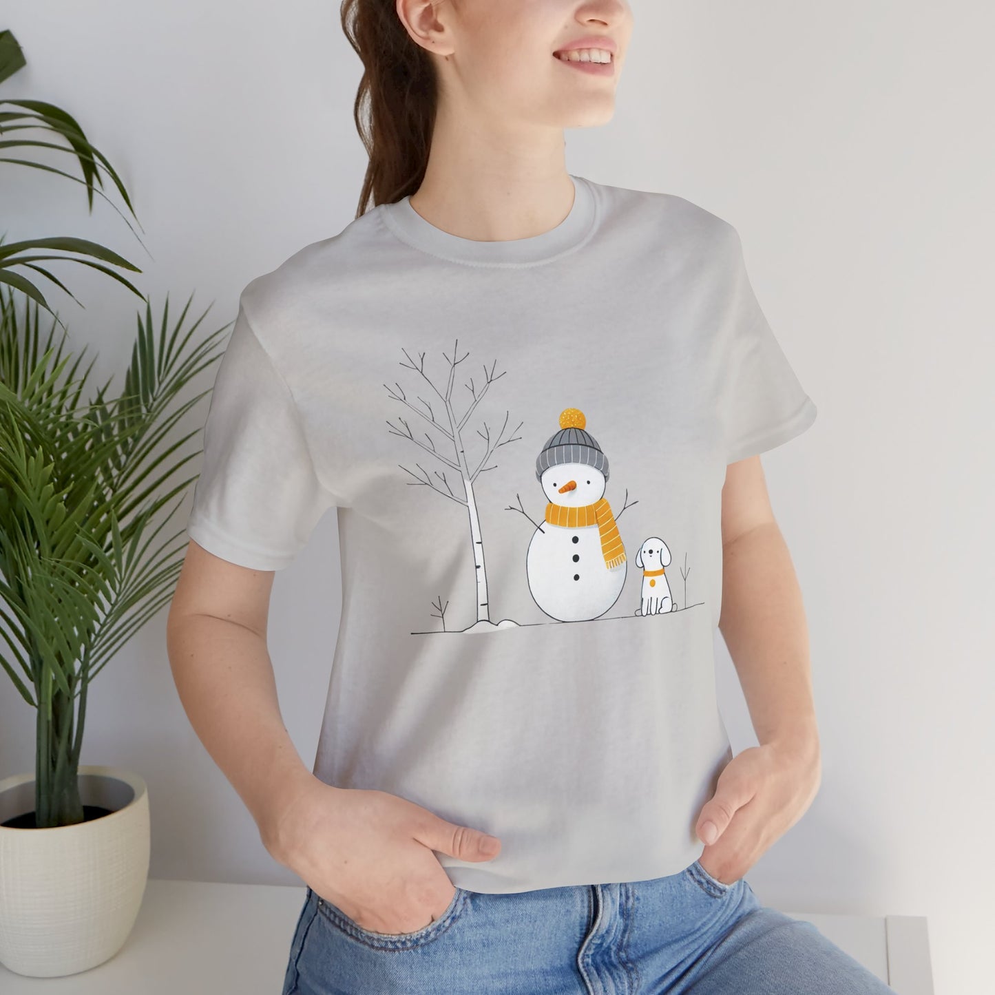 Snowman and dog winter scene Unisex Jersey Short Sleeve Tee - sizes S - 3X